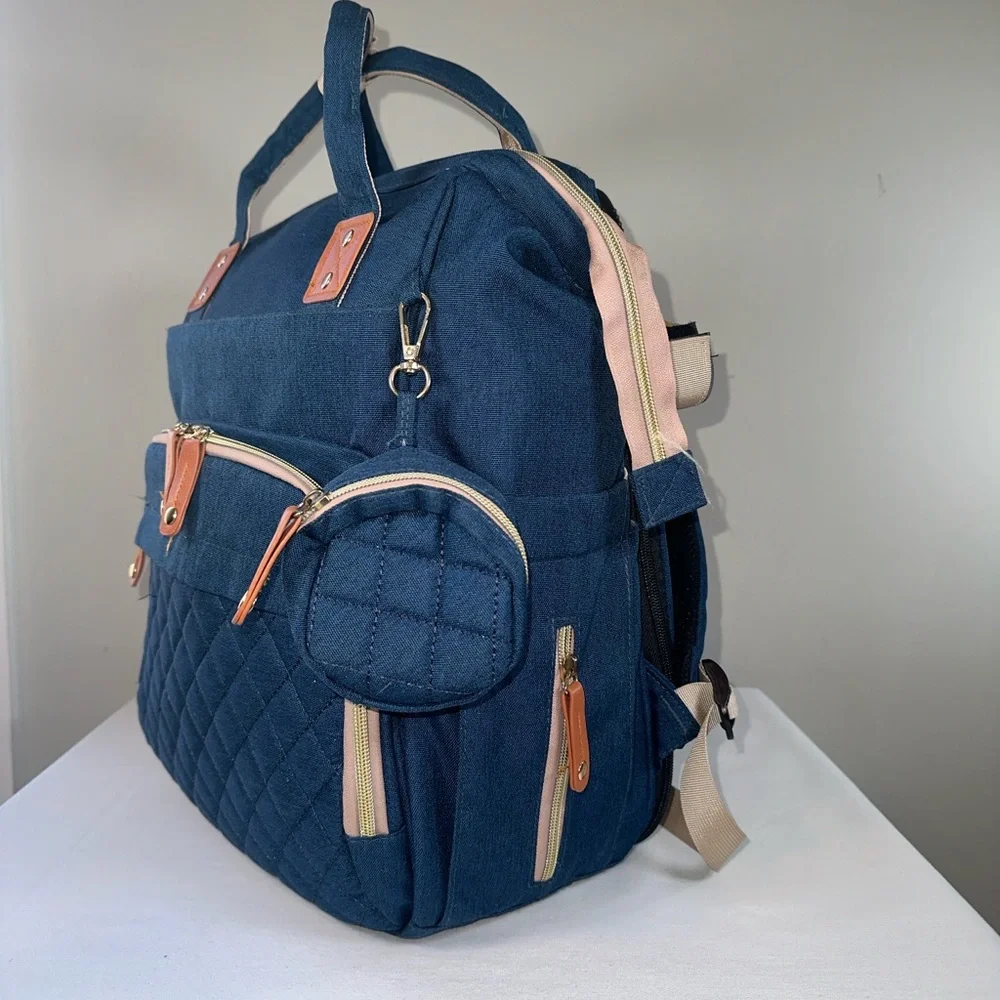 Navy Diaper Backpack Large Capacity Multifunction Water Resistant Stroller Strap